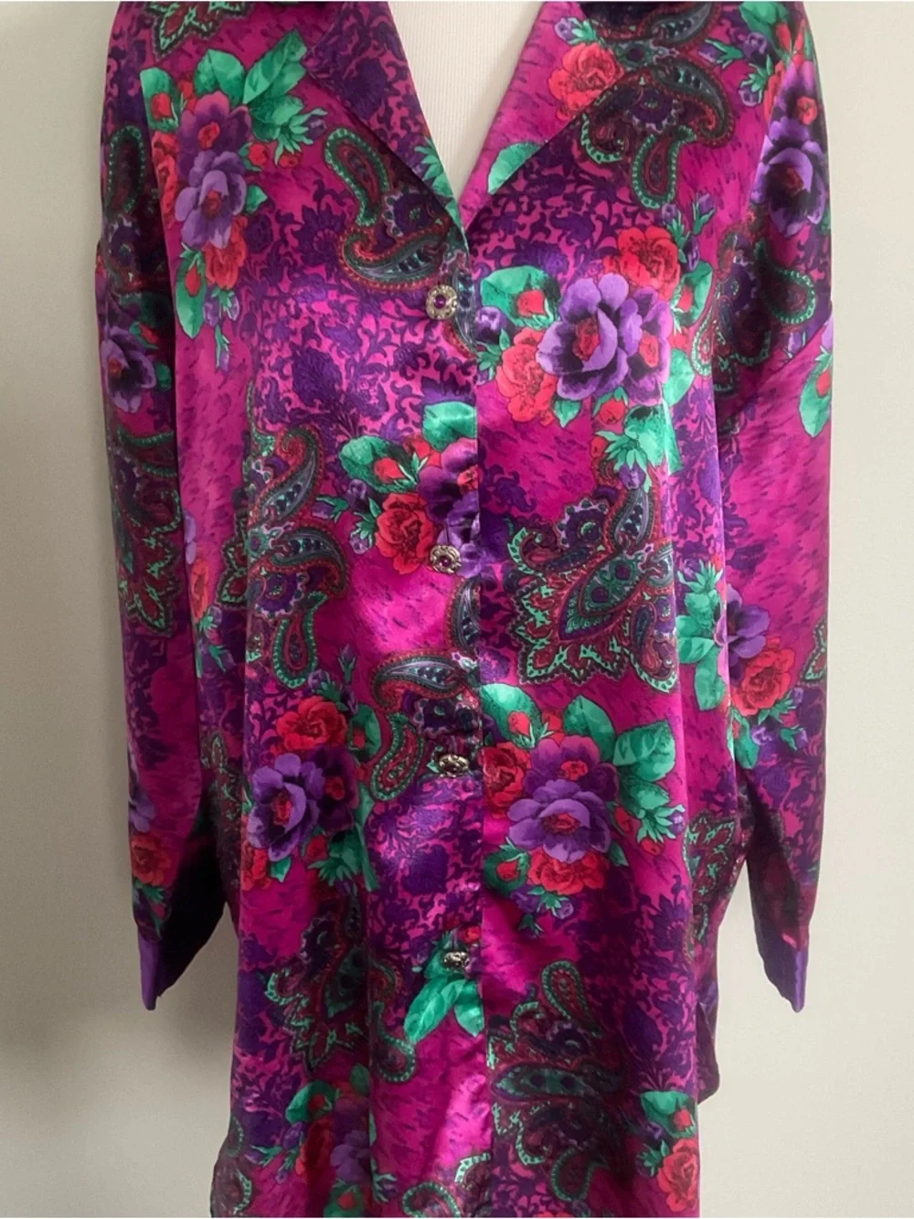 Victoria Secret Floral Multi Colored Night Shirt Long Sleeve Collared M/L-VTG